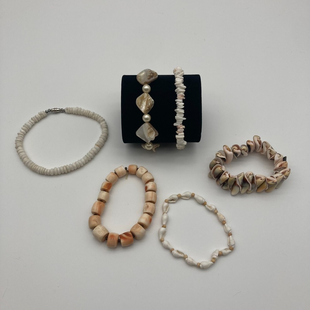 Vintage Natural Shell Bracelet Bundle - 6pc Spondylus Puka Mother of Pearl Set